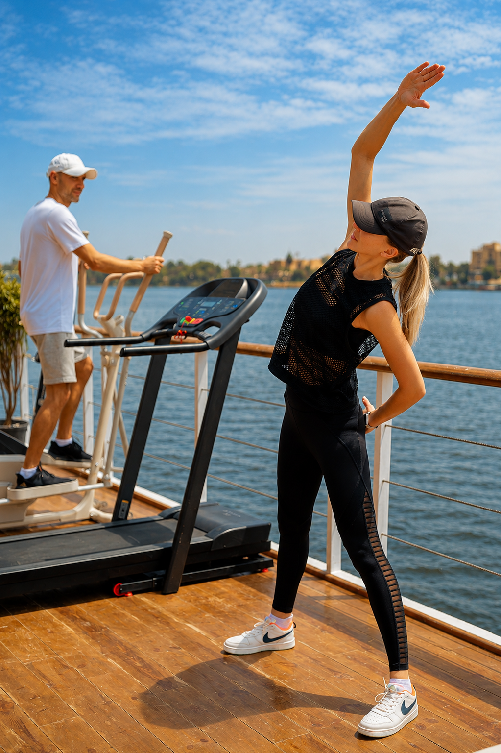 Guest exercising on the open deck of Hathor Dahabiya